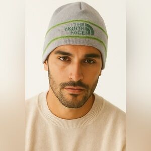 The North Face Gray Green Knit Fleece Lined Beanie Hat Toboggan